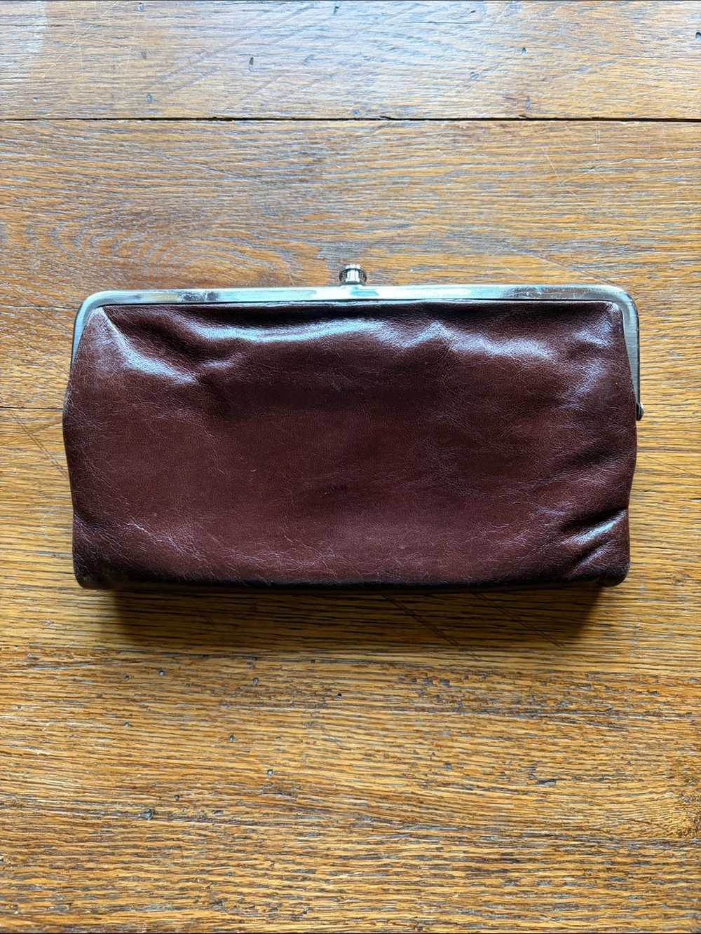 Hobo International Brown Leather Frame Wallet Kiss Lock Clutch Organizer
